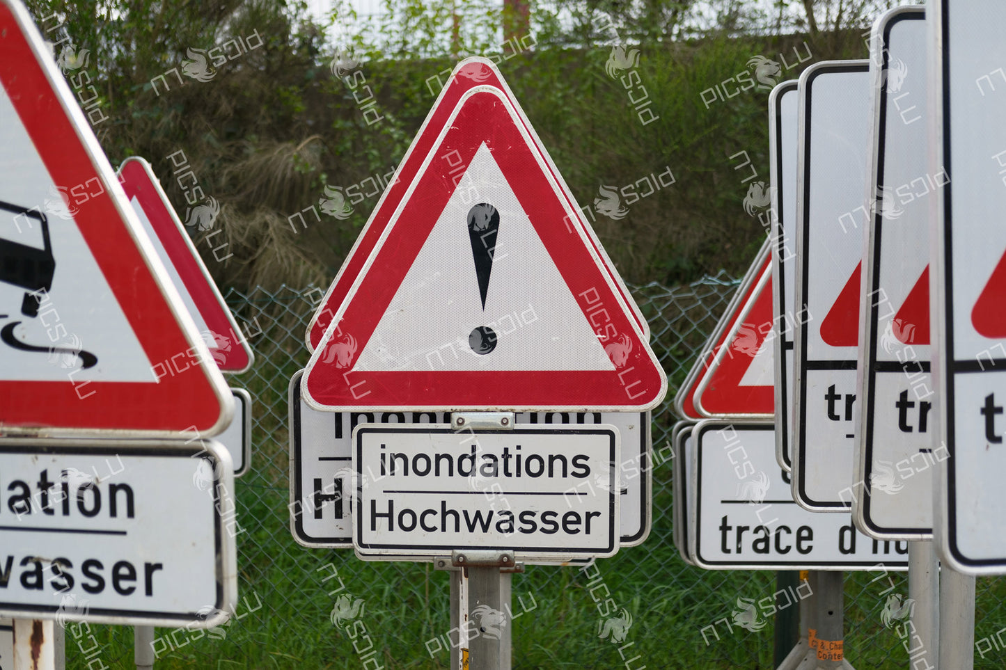 Flood warning road sign in Contern, Luxembourg