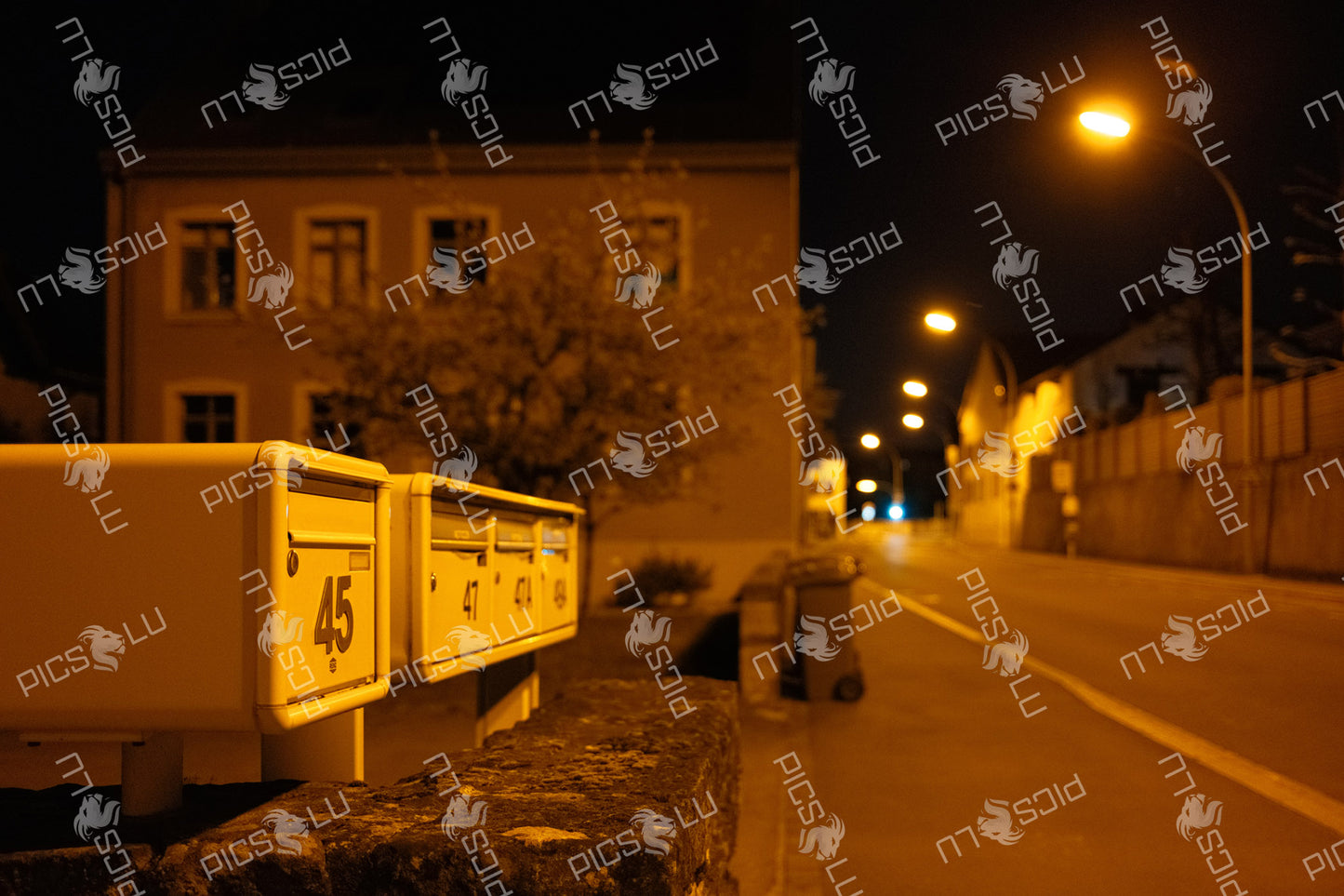 Mailboxes at night in Sandweiler, Luxembourg