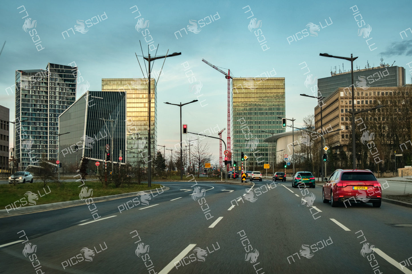Modern architecture and evening traffic in Kirchberg Luxembourg