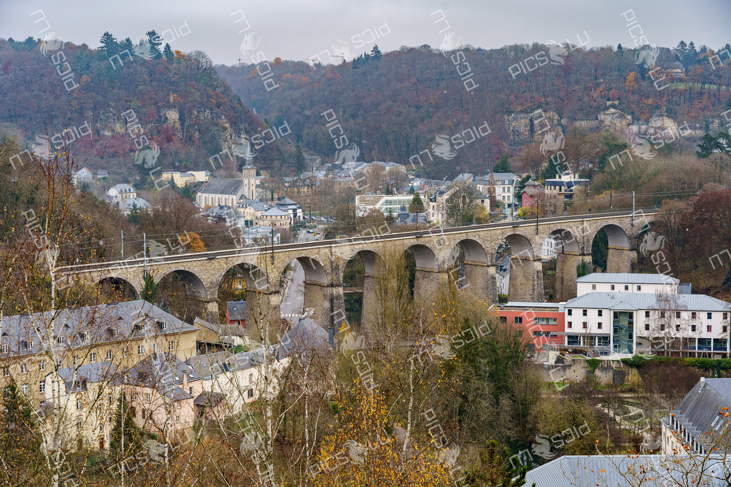 Stone railway viaduct and Alzette valley in Luxembourg City