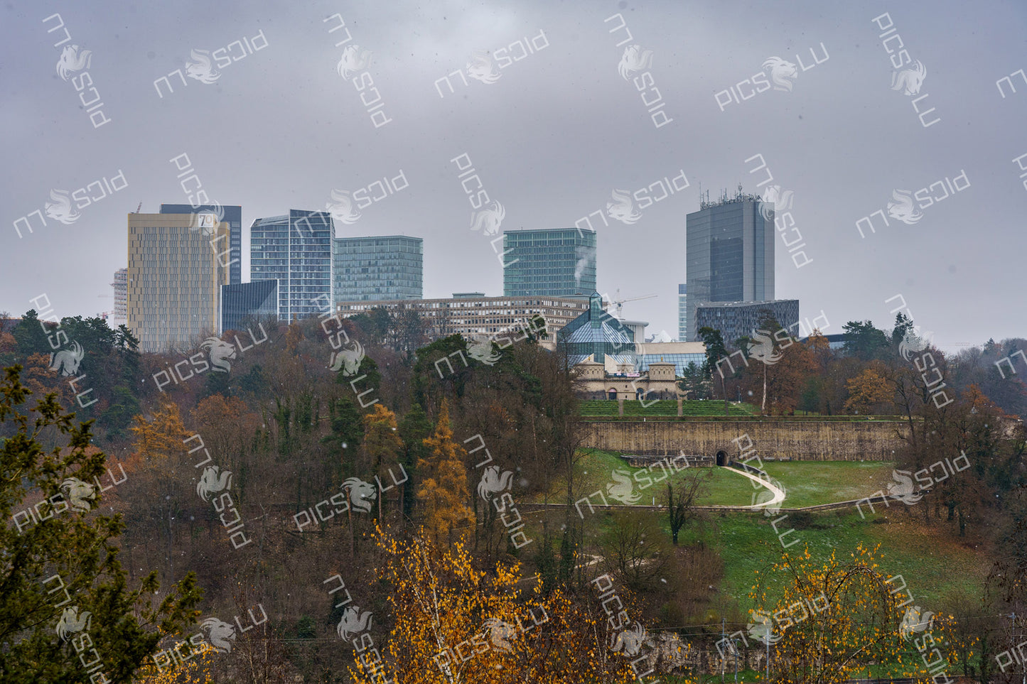 Modern skyline and Fort Thüngen in Kirchberg, Luxembourg City