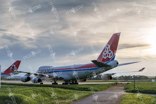 Cargolux Boeing 747 at Luxembourg Airport during sunset