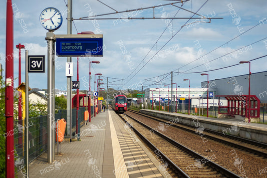CFL train arriving at Contern station, Luxembourg
