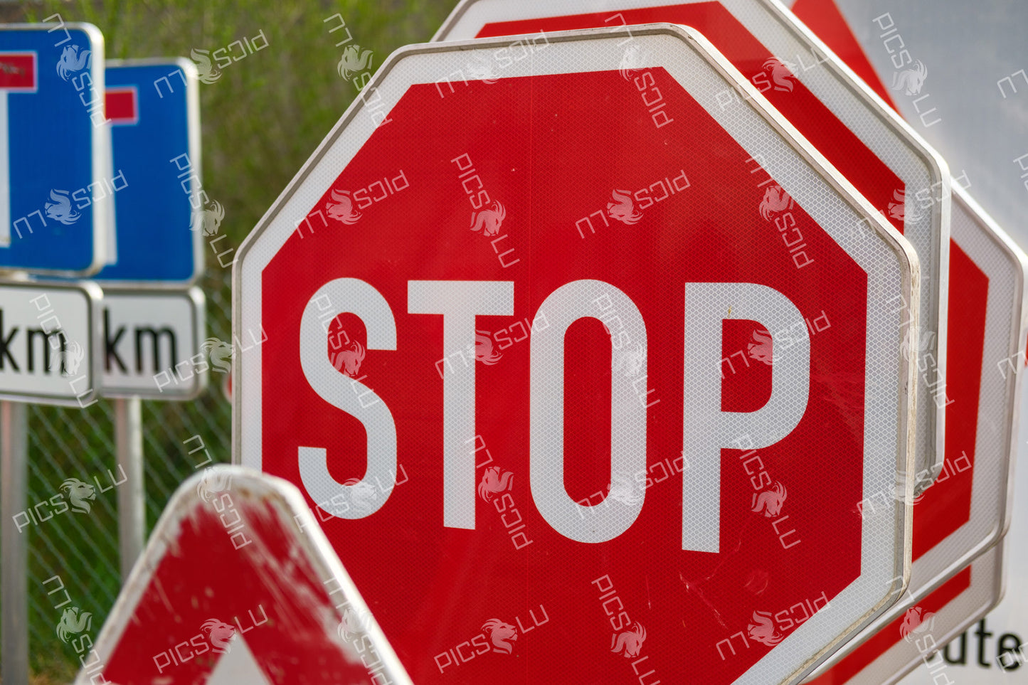 Stop signs and road markers in Contern, Luxembourg