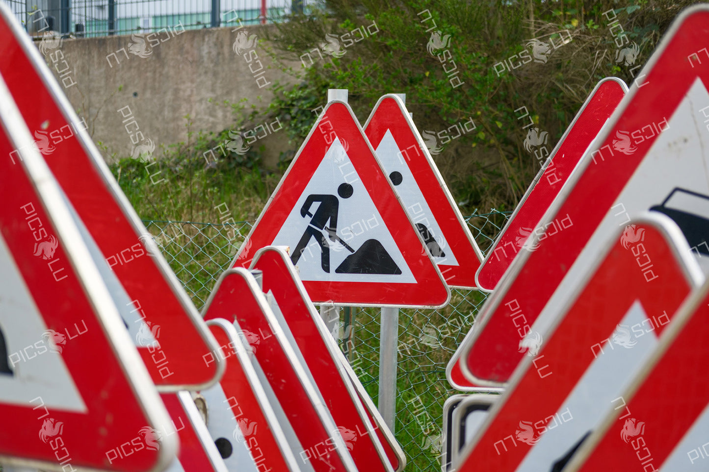 Road work warning signs in Contern, Luxembourg