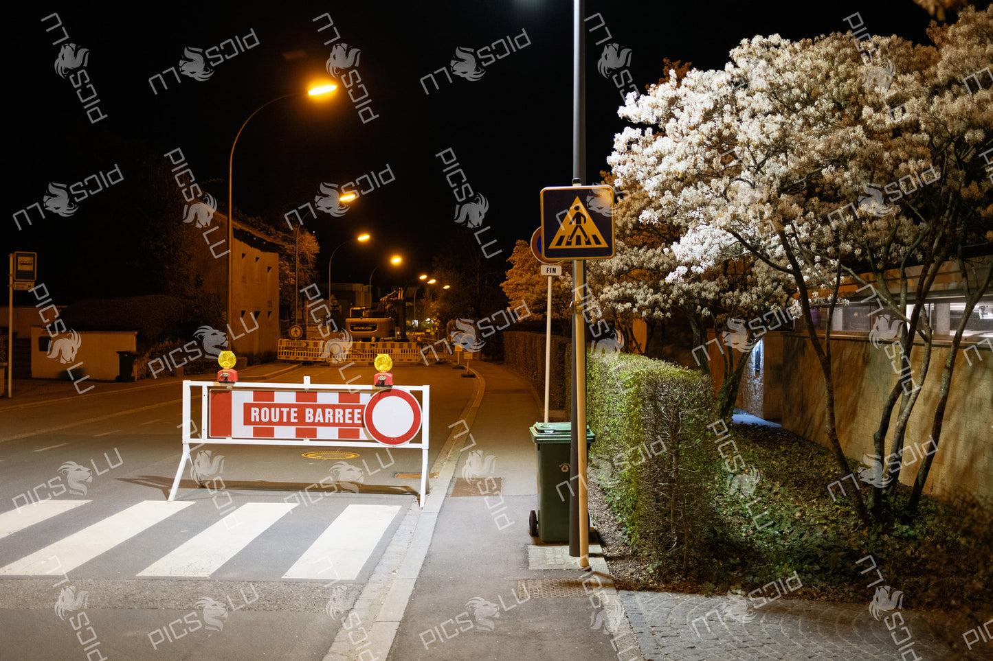 Road closure at night in Sandweiler, Luxembourg