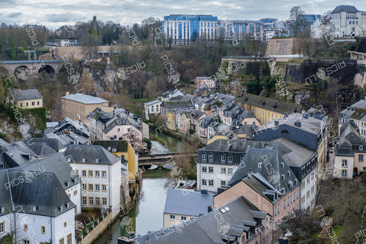 Aerial view of the Grund district and Alzette river in Luxembourg City