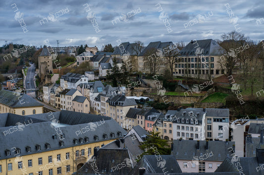 Historic houses and fortress tower in Grund, Luxembourg City