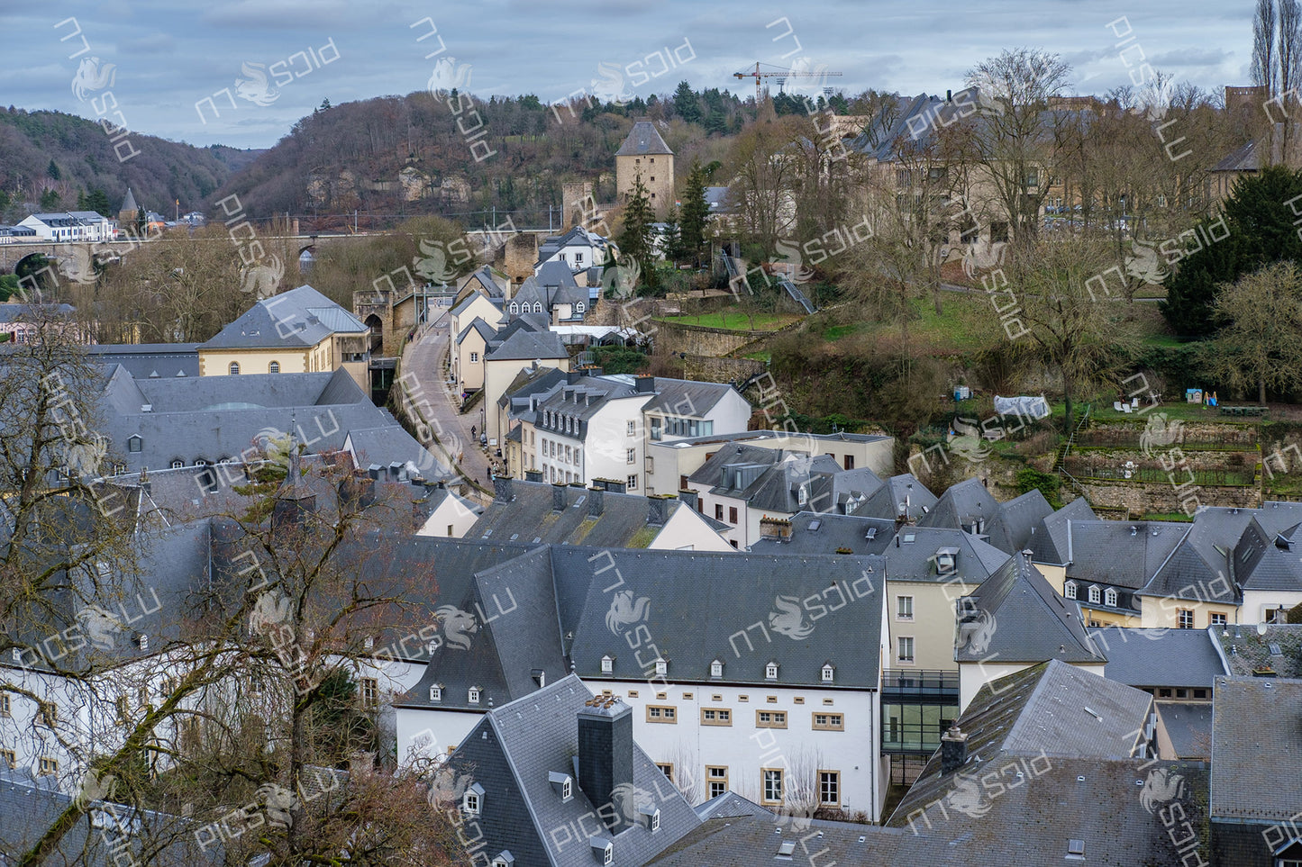 Grund rooftops and medieval tower in Luxembourg City