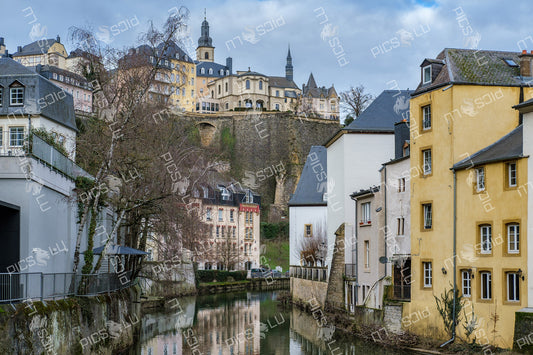Alzette river and historic upper town skyline in Luxembourg City