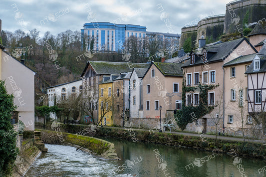 Traditional riverside houses and modern buildings in Luxembourg City
