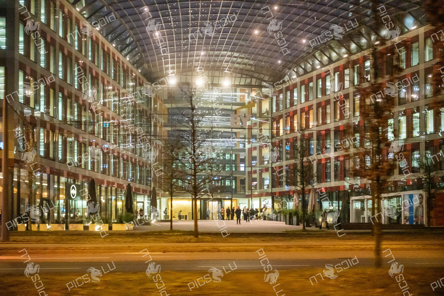 EY building at night in Kirchberg Luxembourg