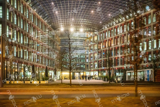 EY building at night in Kirchberg Luxembourg