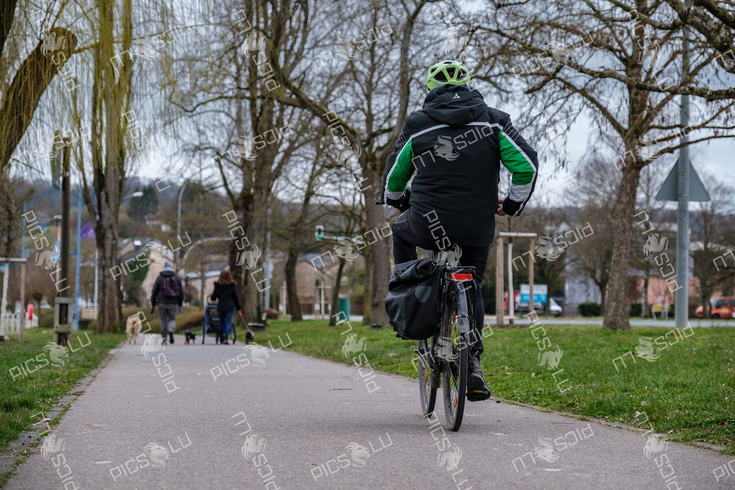 Cyclist passing a couple walking dogs in Mersch