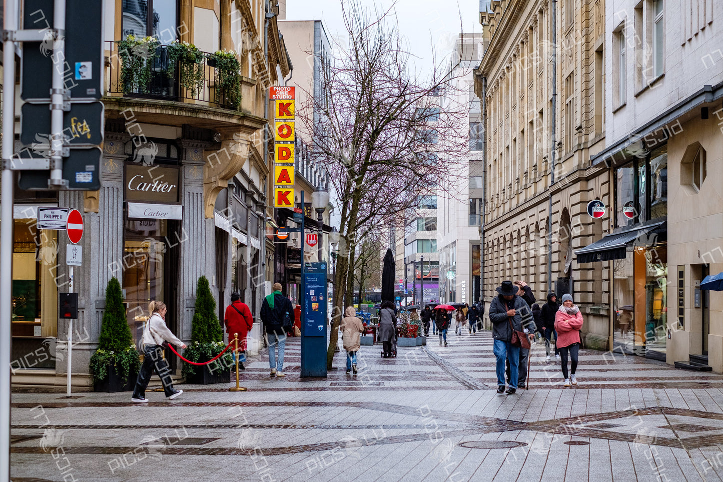 Pedestrian shopping street on a rainy day in Luxembourg City