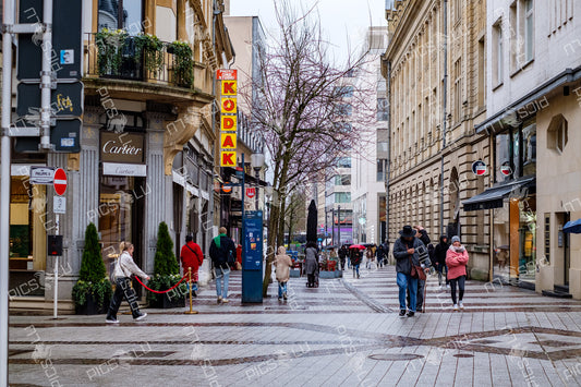 Pedestrian shopping street on a rainy day in Luxembourg City