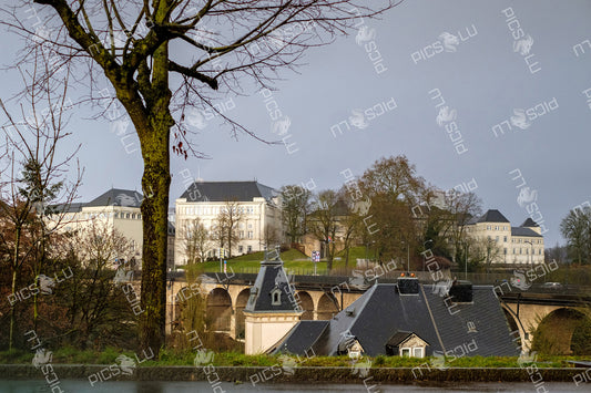 Historic cityscape with Alzette Valley view in Luxembourg city
