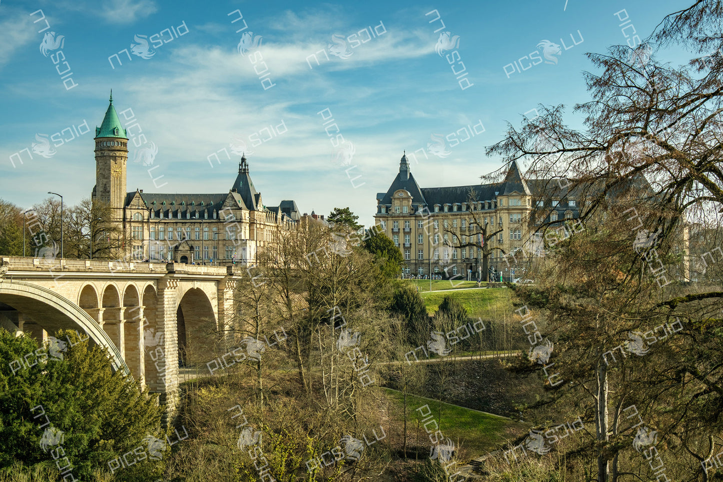 Adolphe bridge and Spuerkeess Building in Luxembourg city