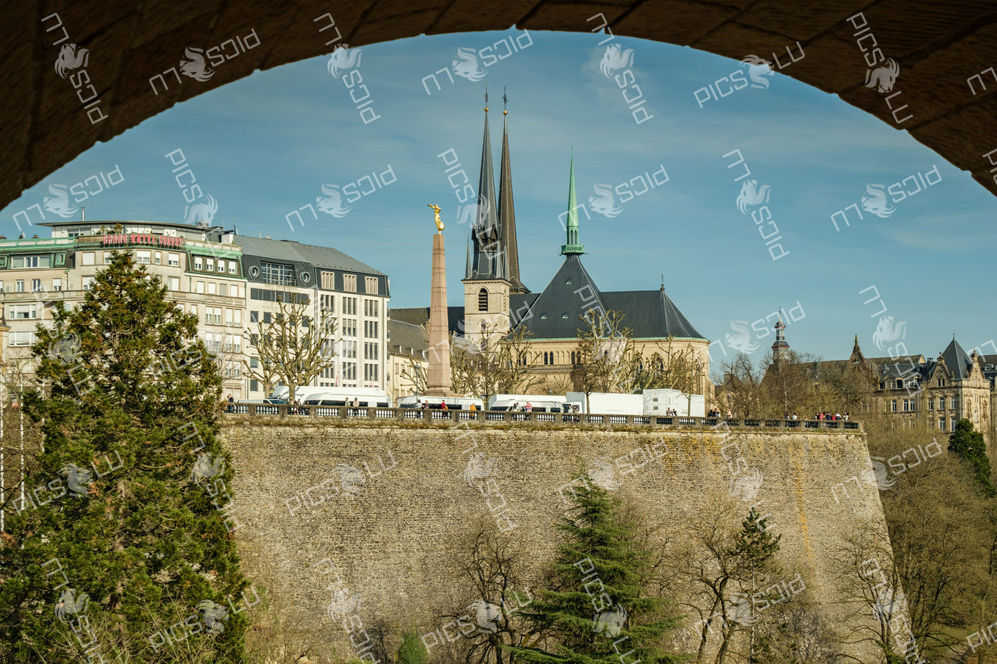 View of Notre-Dame Cathedral and Gëlle Fra in Luxembourg city