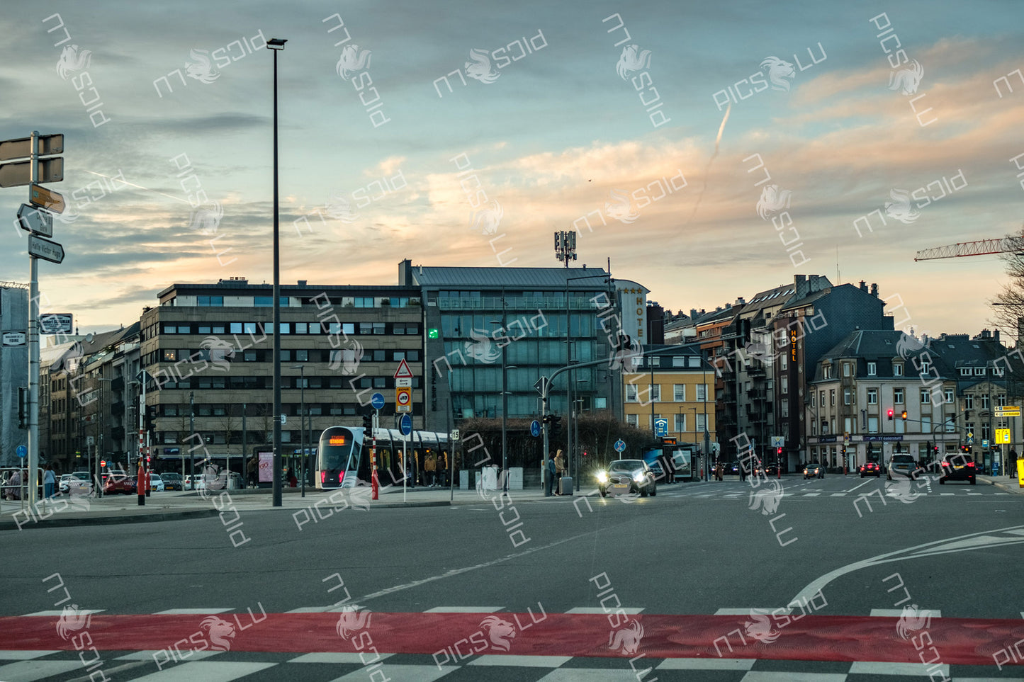 Evening Tram passing through Luxembourg city streets