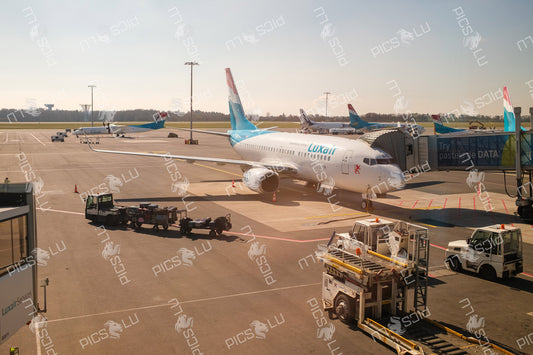 Luxair aircraft at gate at Luxembourg Airport