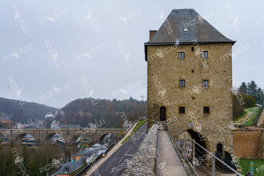 Fortified tower and viaduct view in Luxembourg City