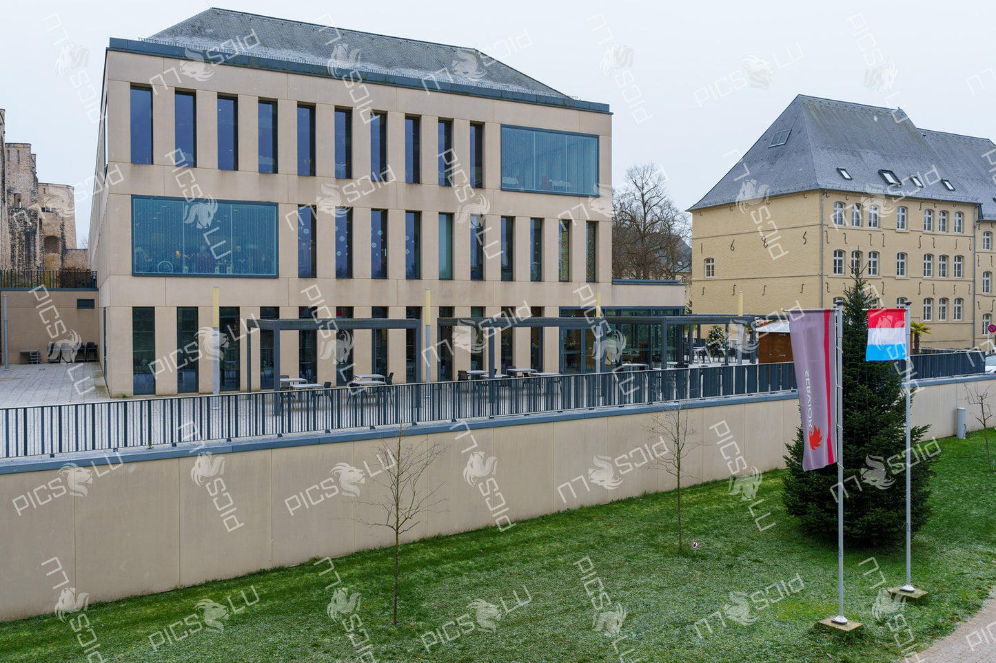 Modern public building and historic architecture in Luxembourg City