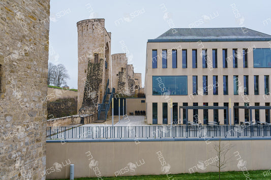 Old fortress towers and modern architecture in Luxembourg City