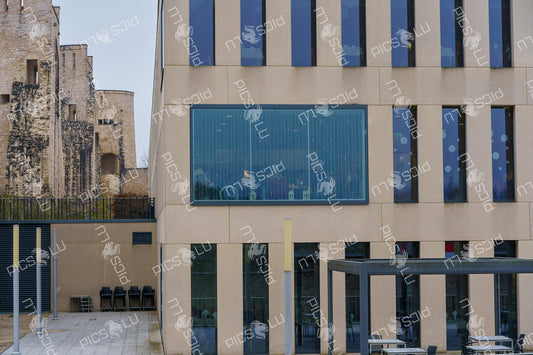 Fortress walls and modern facade in Luxembourg City