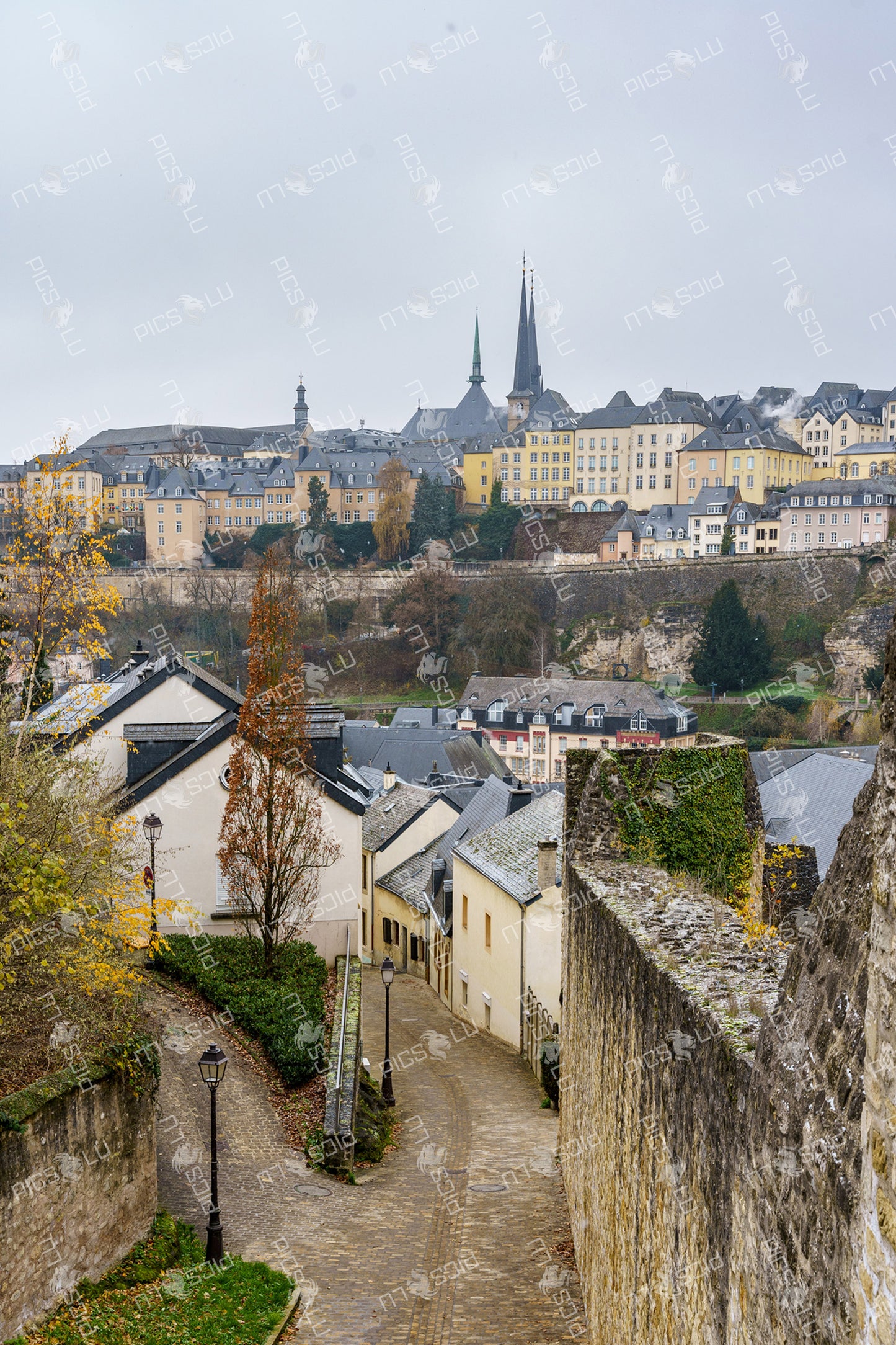 Cobbled street and view of Luxembourg’s old quarters
