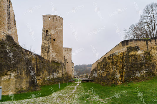 Medieval fortress towers and stone walls in Luxembourg City