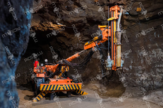 Underground tunnel drilling machine with hydraulic arm in mining shaft