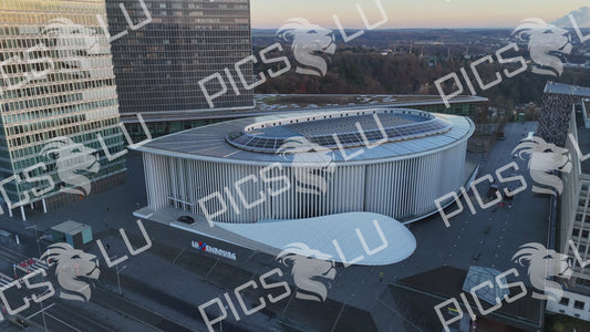 Aerial view of Philharmonie Luxembourg building at sunset