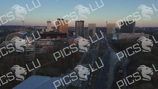Aerial view of Avenue John F. Kennedy traffic at sunset, EIB and European Court of Justice buildings, Luxembourg